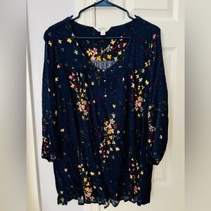 Market & Spruce 2X 3/4 Sleeved Spring Navy Floral Flowered Top Blouse Rainbow